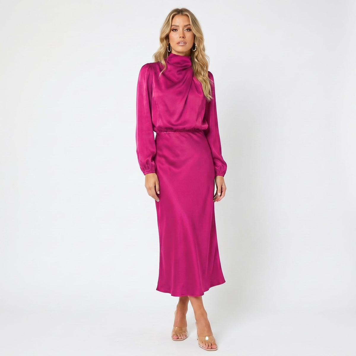Women's Long Sleeve Satin Midi Dress – Cowl Neck Elasticated Waist
