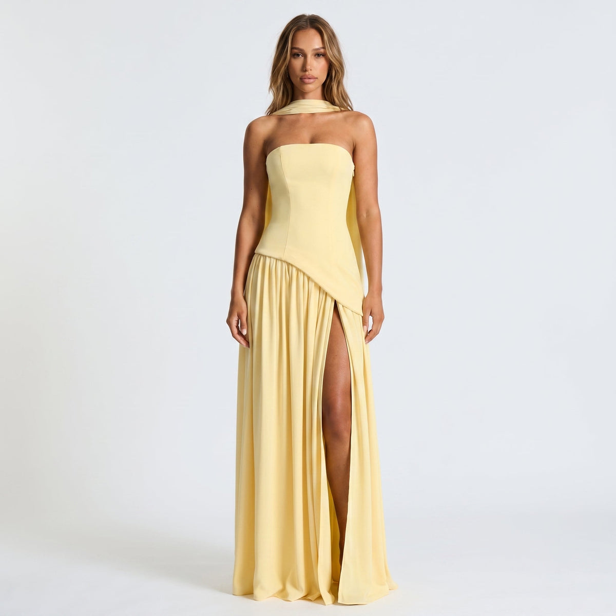 Women's Strapless Maxi Dress – Draped Scarf Neck High Slit