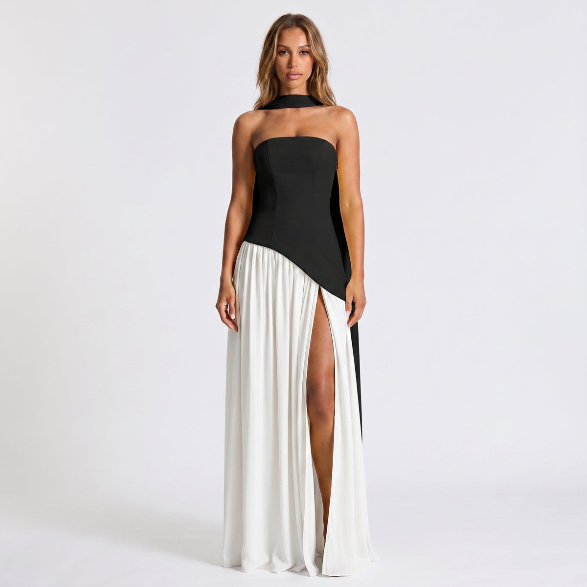 Women's Strapless Maxi Dress – Draped Scarf Neck High Slit
