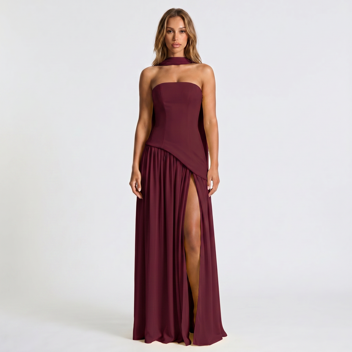 Women's Strapless Maxi Dress – Draped Scarf Neck High Slit