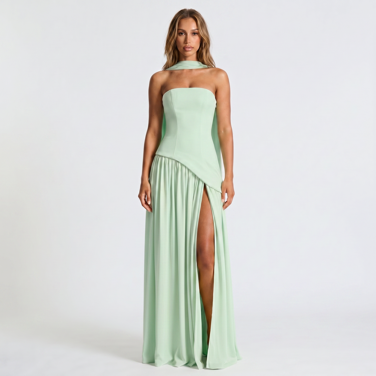 Women's Strapless Maxi Dress – Draped Scarf Neck High Slit