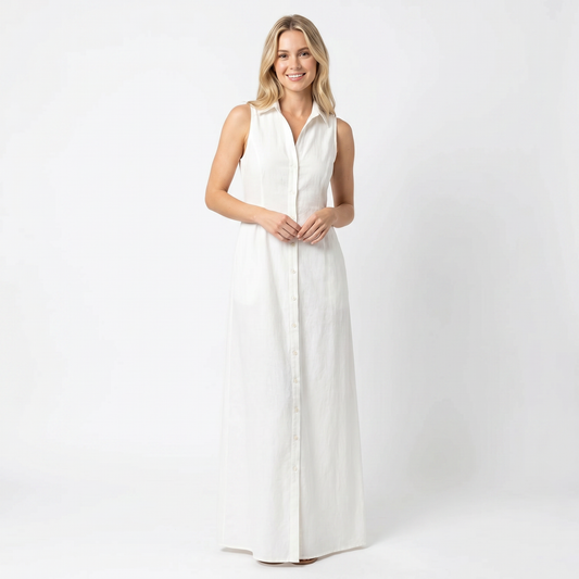 Women's Linen Maxi Dress Sleeveless Button Down Collared Shirt Dress