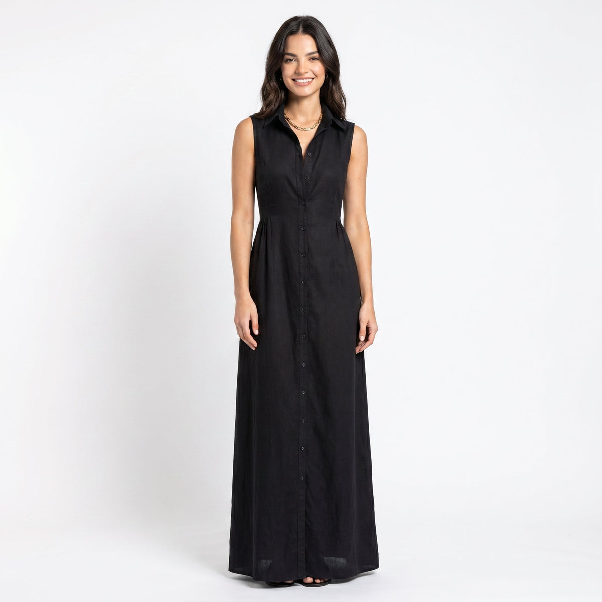 Women's Linen Maxi Dress Sleeveless Button Down Collared Shirt Dress