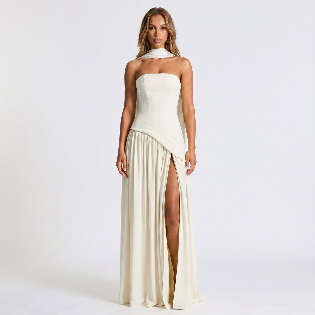 Women's Strapless Maxi Dress – Draped Scarf Neck High Slit