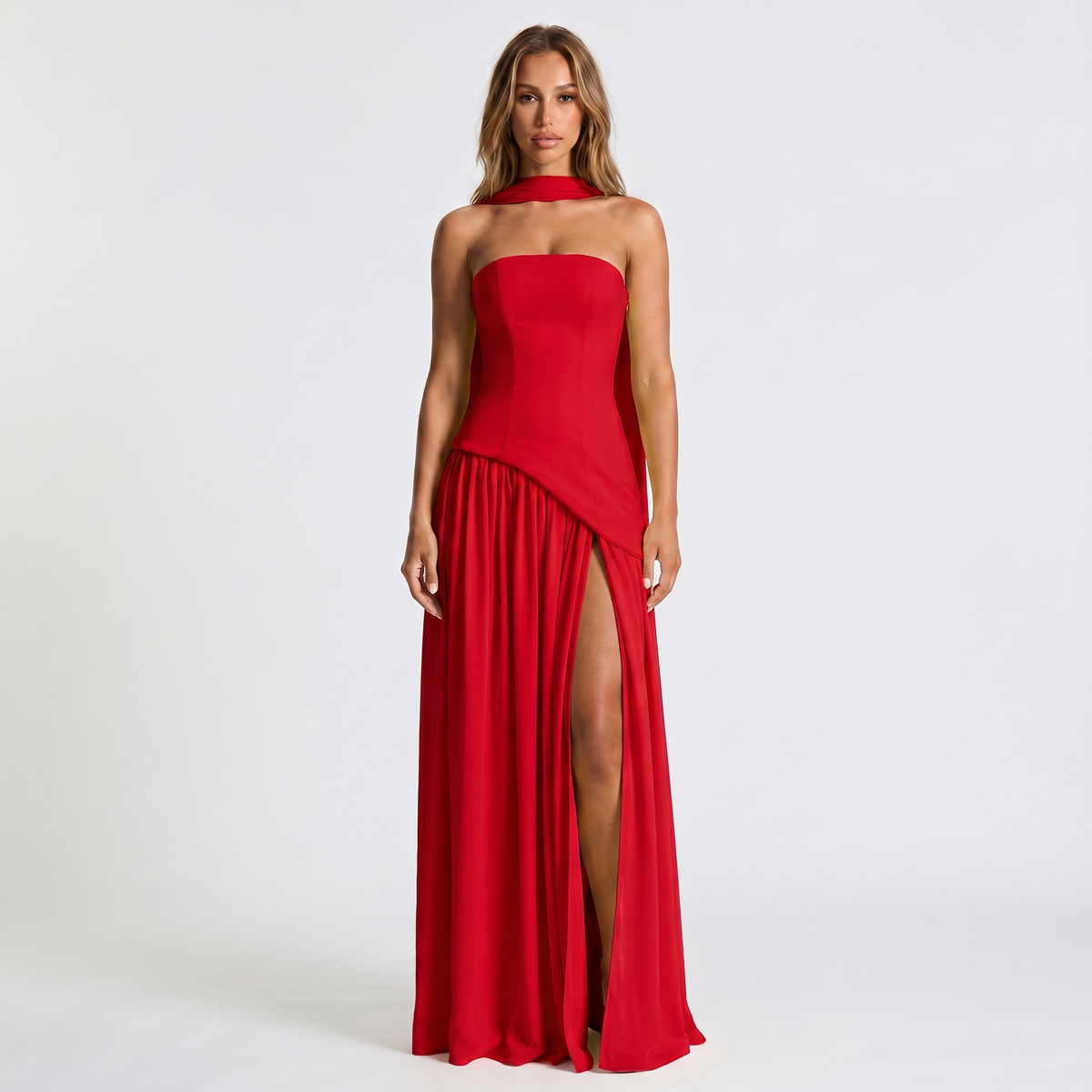 Women's Strapless Maxi Dress – Draped Scarf Neck High Slit