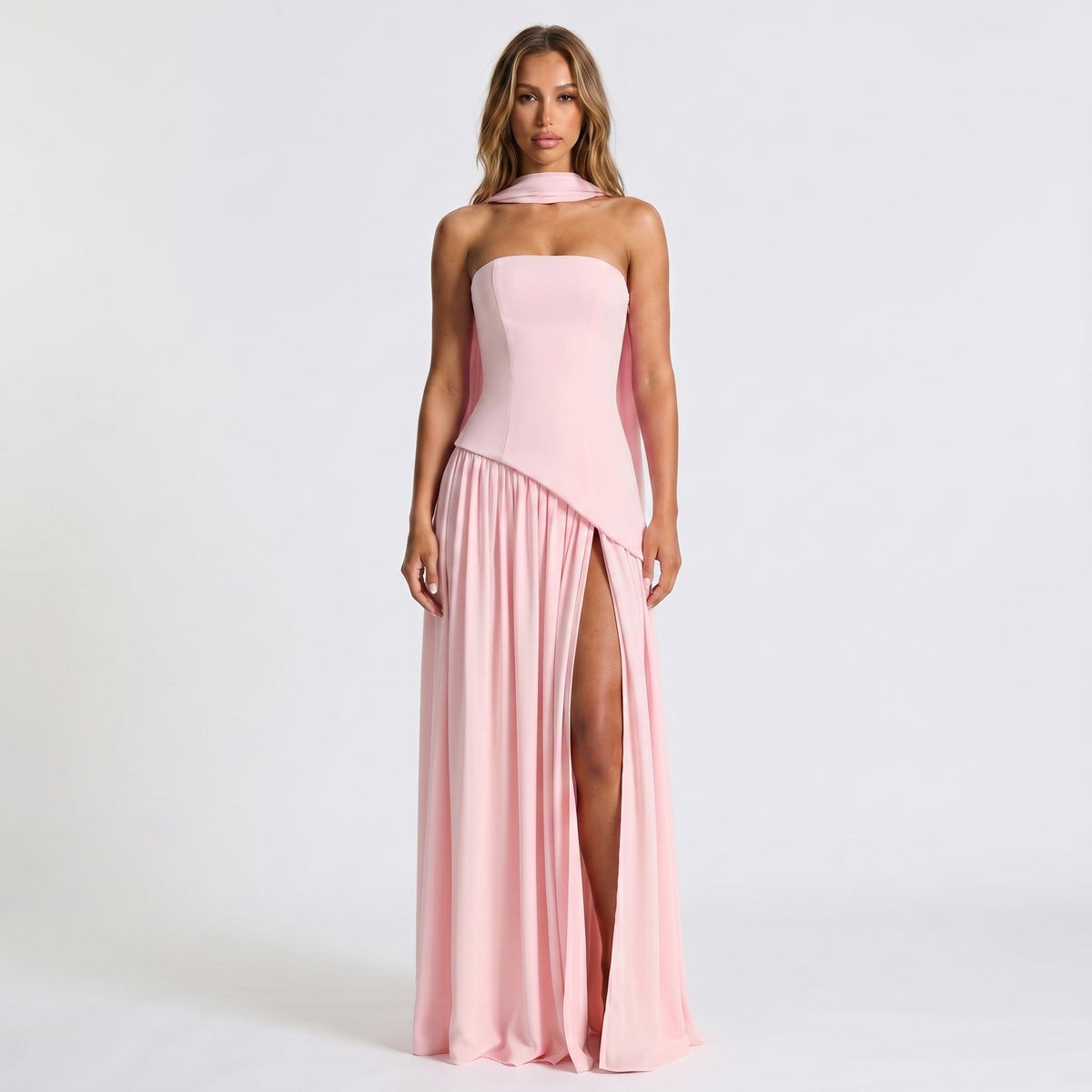 Women's Strapless Maxi Dress – Draped Scarf Neck High Slit