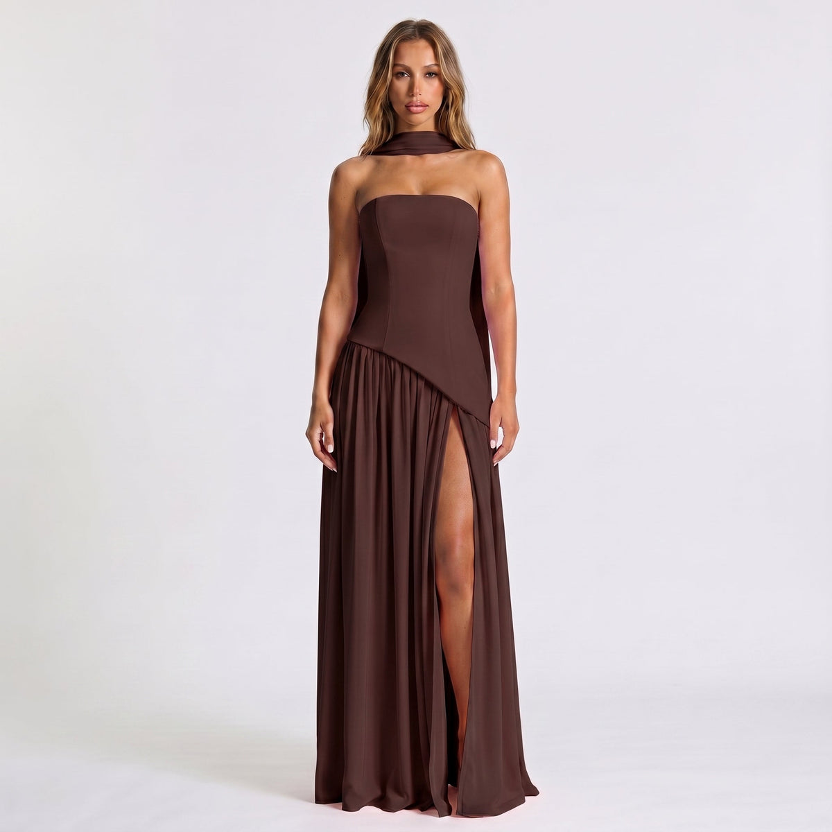Women's Strapless Maxi Dress – Draped Scarf Neck High Slit