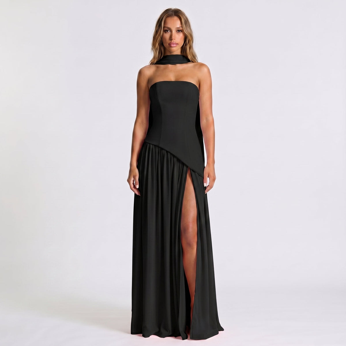Women's Strapless Maxi Dress – Draped Scarf Neck High Slit
