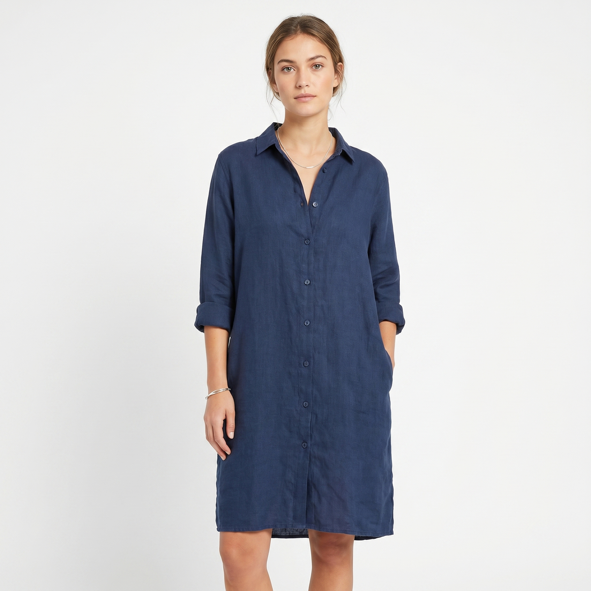 Women's Linen Shirt Dress Button-Down Knee Length Relaxed Fit