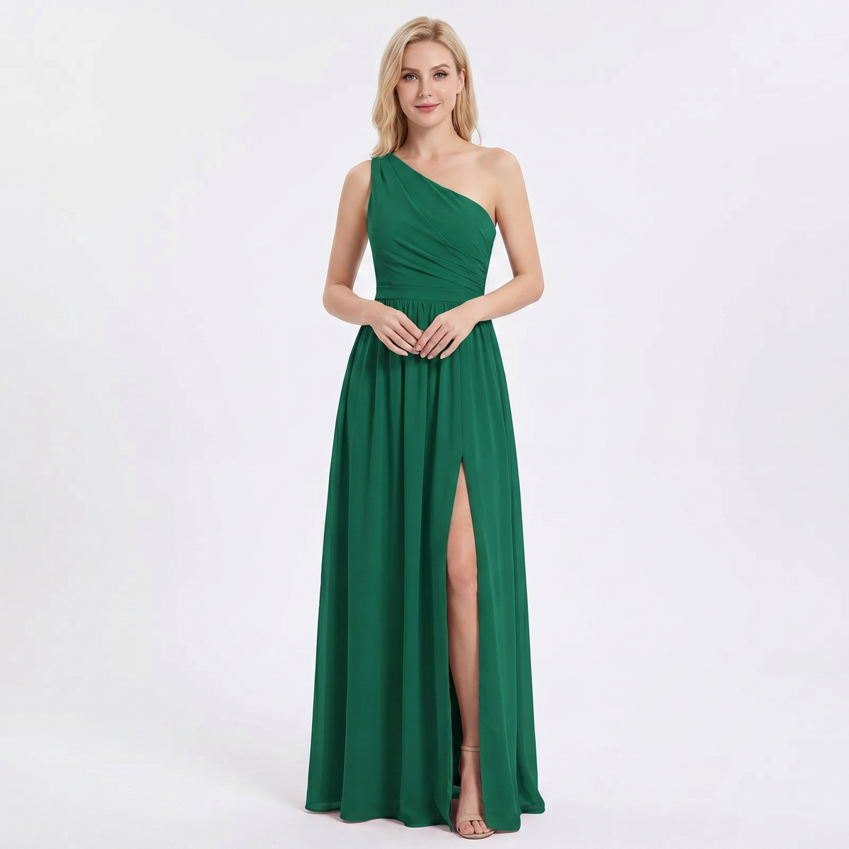 Women's One Shoulder Chiffon Maxi Dress Ruched Waist High Split