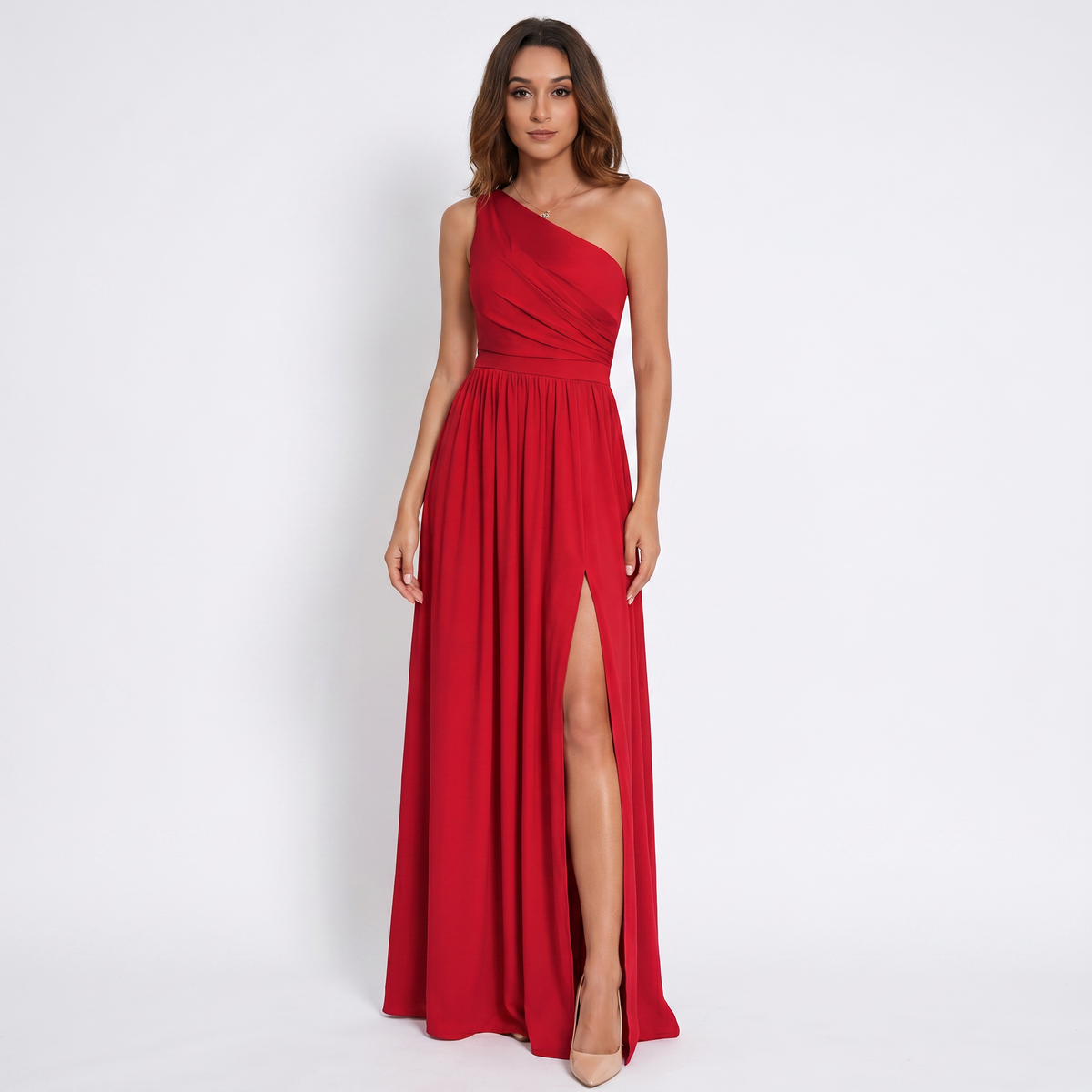 Women's One Shoulder Chiffon Maxi Dress Ruched Waist High Split