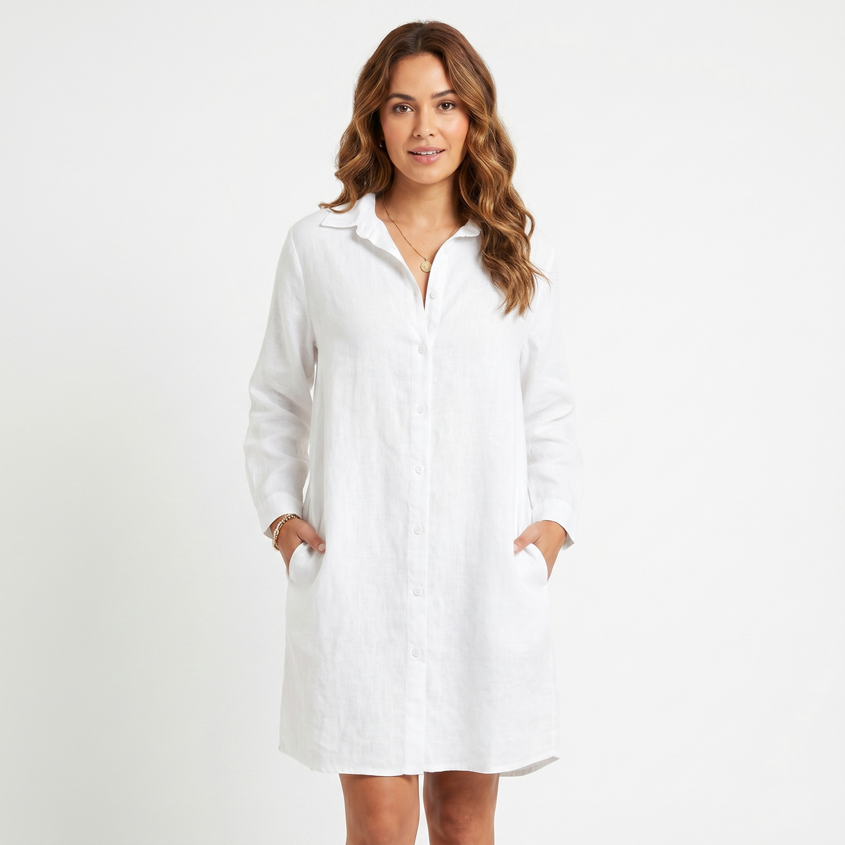 Women's Linen Shirt Dress Button-Down Knee Length Relaxed Fit