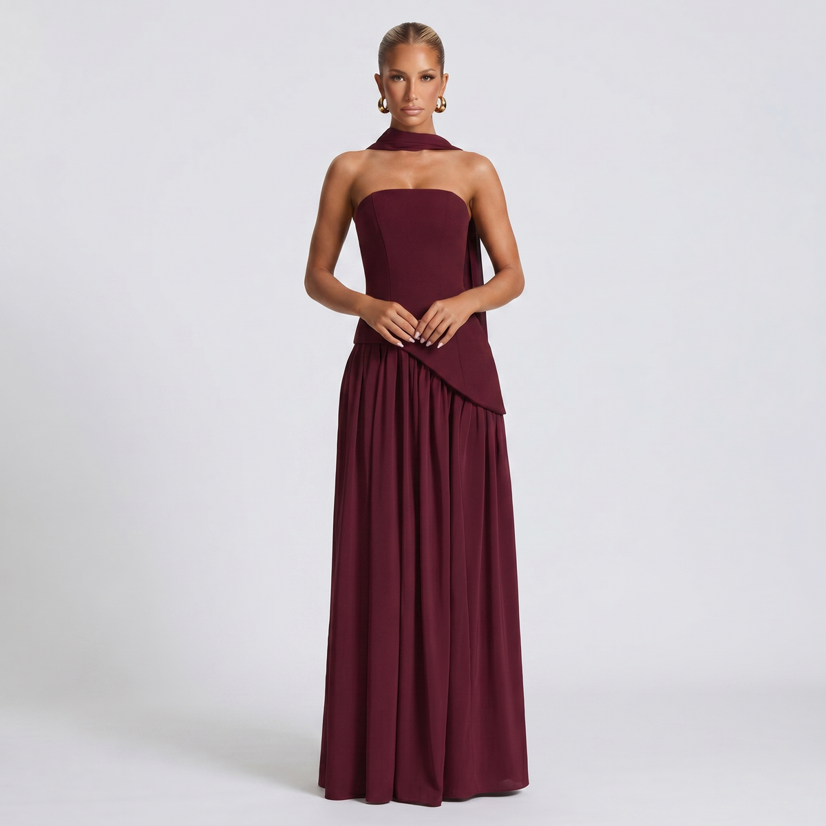Women's Strapless Maxi Dress Corset Bodice Contrast Pleated Skirt