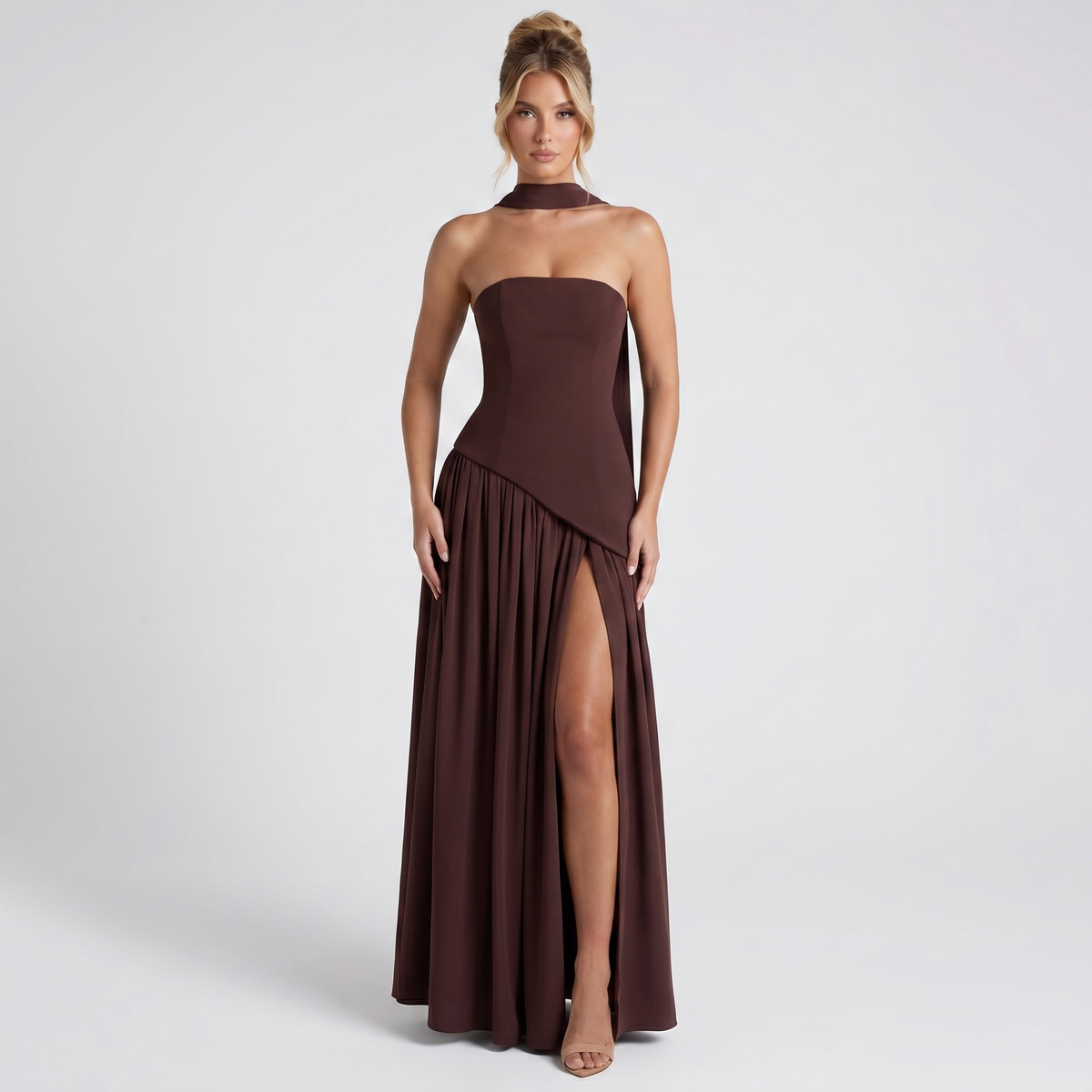 Women's Strapless Maxi Dress Corset Bodice Contrast Pleated Skirt