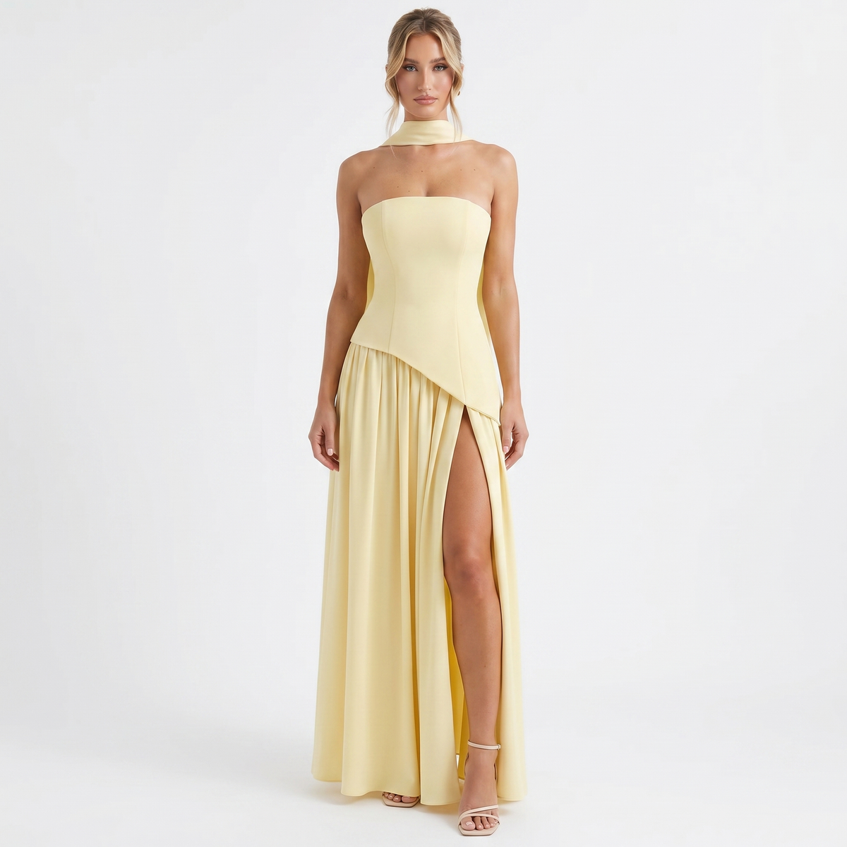 Women's Strapless Maxi Dress Corset Bodice Contrast Pleated Skirt