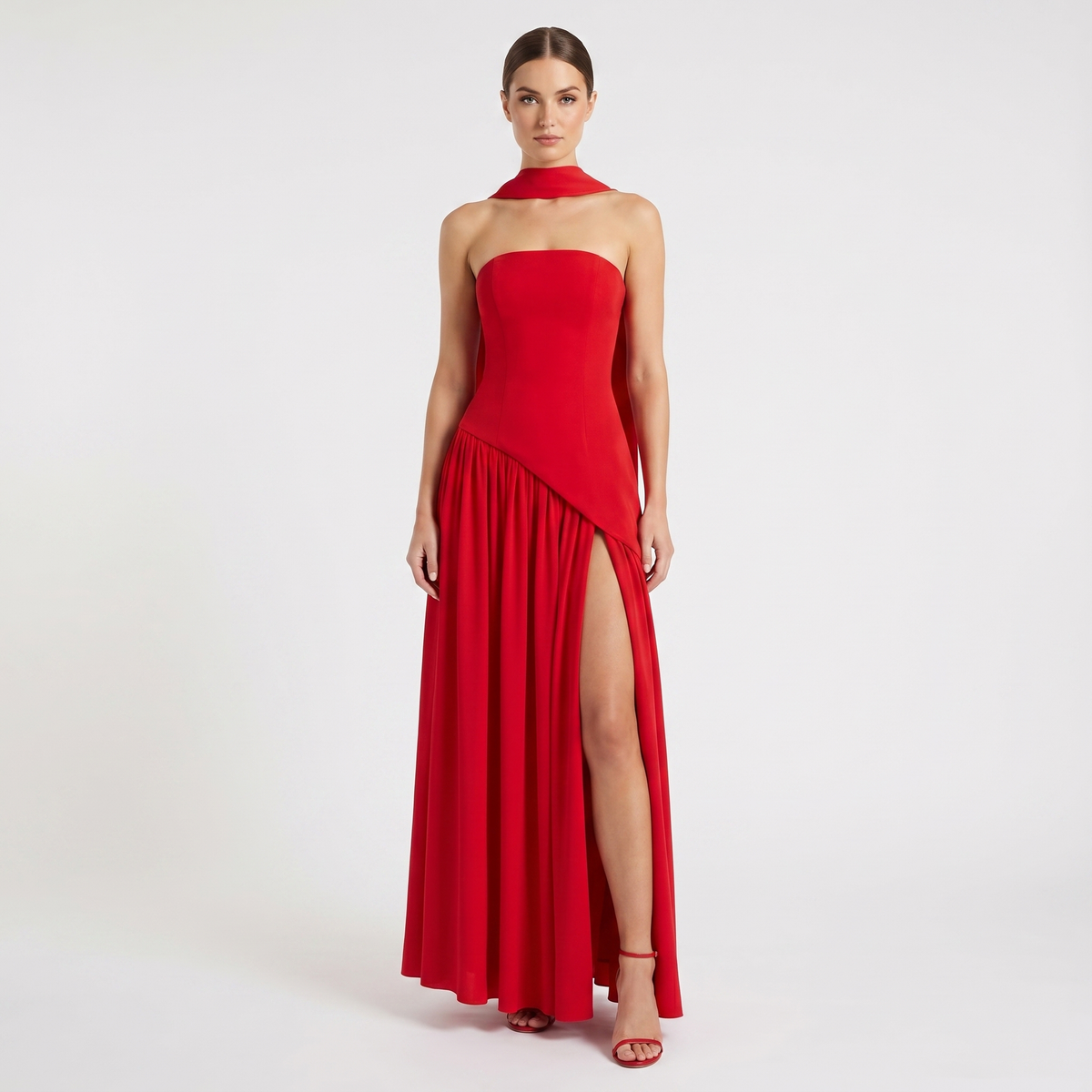 Women's Strapless Maxi Dress Corset Bodice Contrast Pleated Skirt