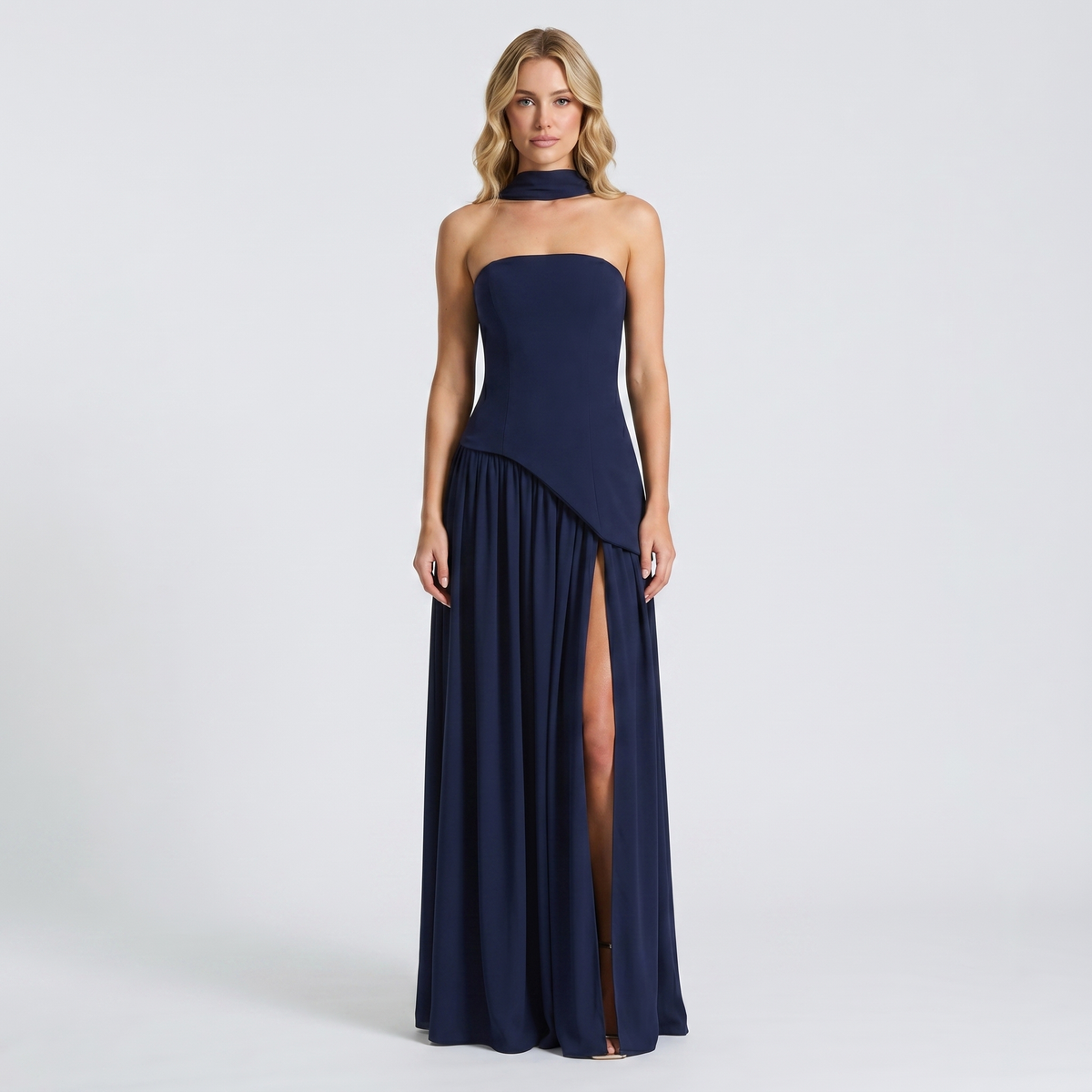 Women's Strapless Maxi Dress Corset Bodice Contrast Pleated Skirt