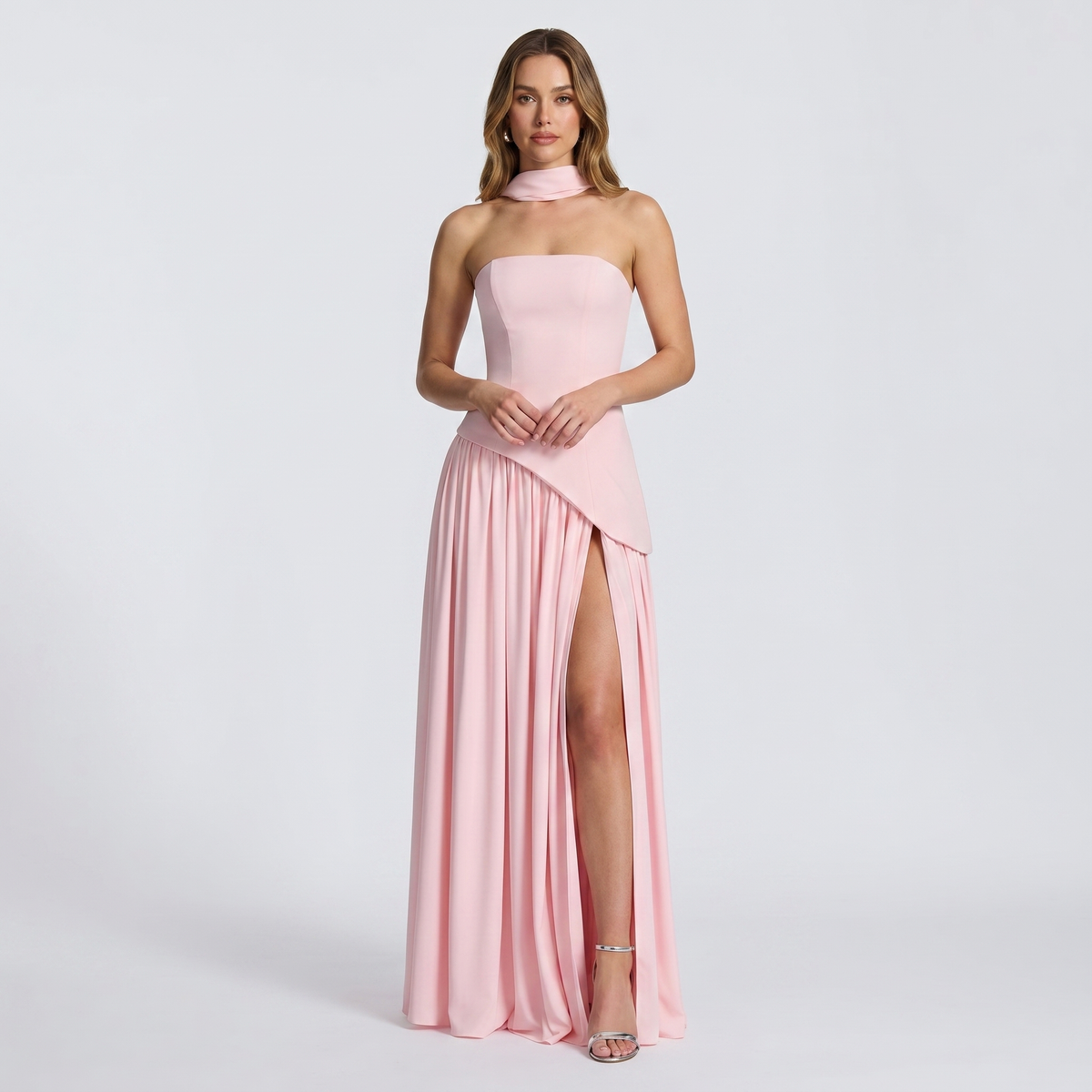 Women's Strapless Maxi Dress Corset Bodice Contrast Pleated Skirt
