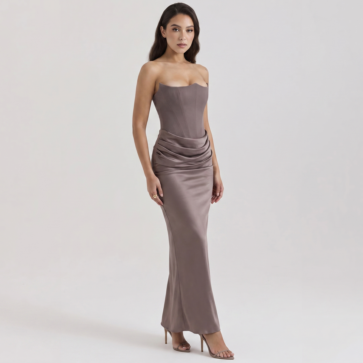 Women's Strapless Corset Maxi Dress Ruched Satin Bodycon Formal Evening