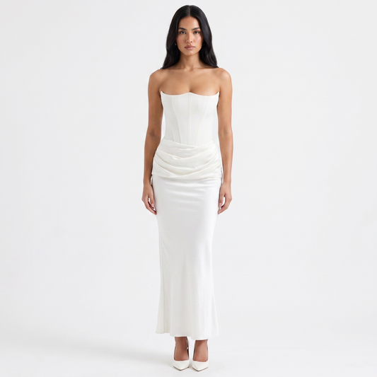 Women's Strapless Corset Maxi Dress Ruched Satin Bodycon Formal Evening