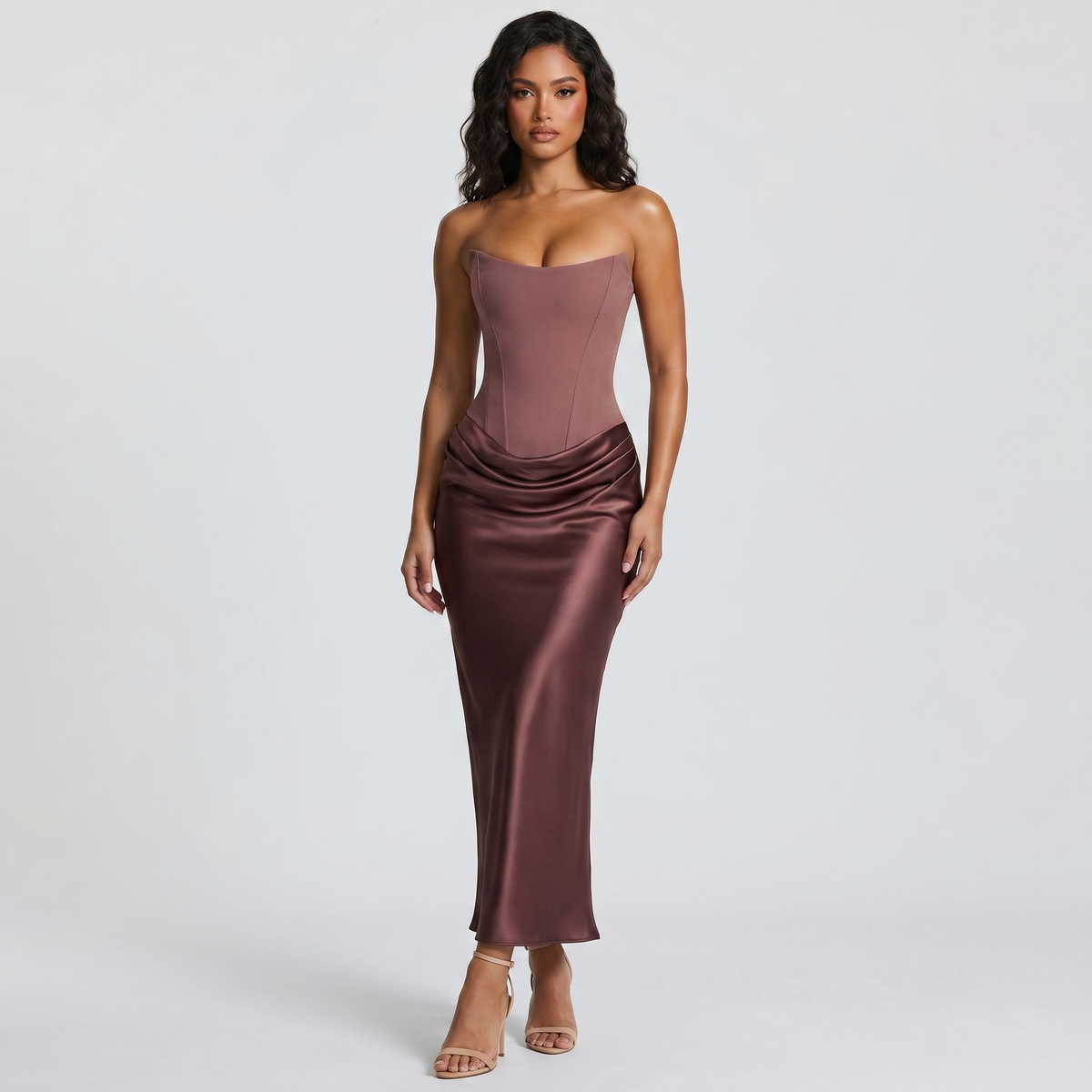 Women's Strapless Corset Maxi Dress Ruched Satin Bodycon Formal Evening