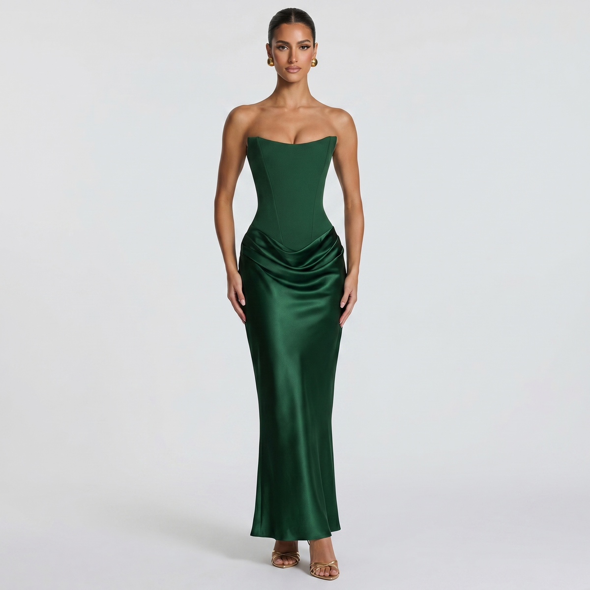 Women's Strapless Corset Maxi Dress Ruched Satin Bodycon Formal Evening