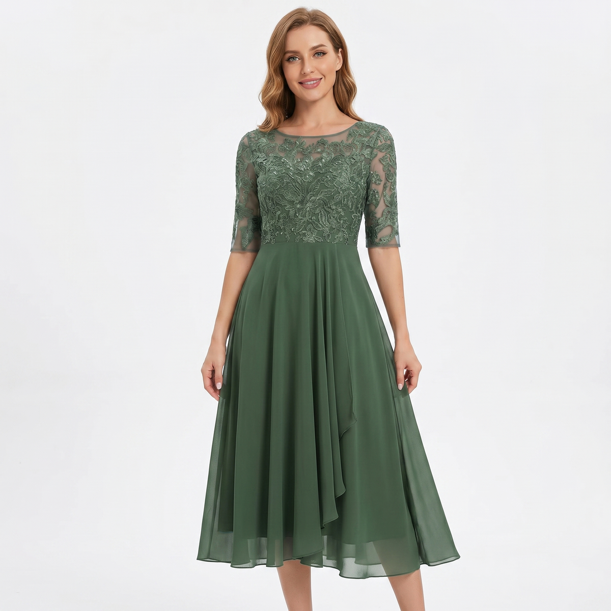 Women's Lace Bodice Midi Dress Half Sleeve Chiffon A Line Wedding