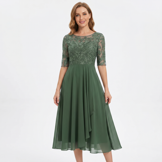 Women's Lace Bodice Midi Dress Half Sleeve Chiffon A Line Wedding