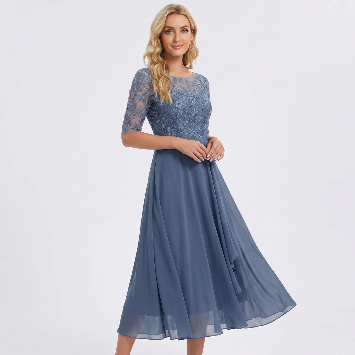 Women's Lace Bodice Midi Dress Half Sleeve Chiffon A Line Wedding
