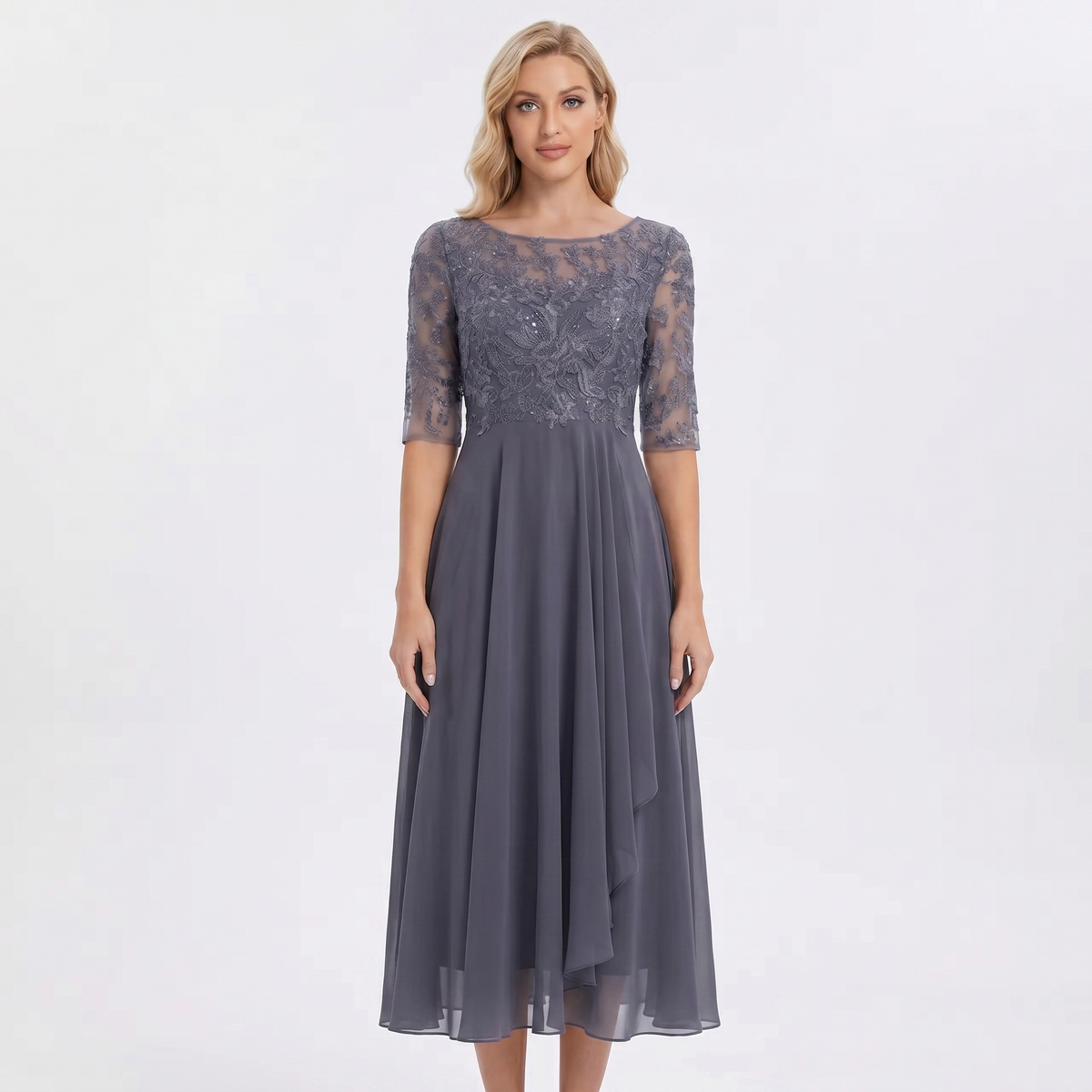 Women's Lace Bodice Midi Dress Half Sleeve Chiffon A Line Wedding