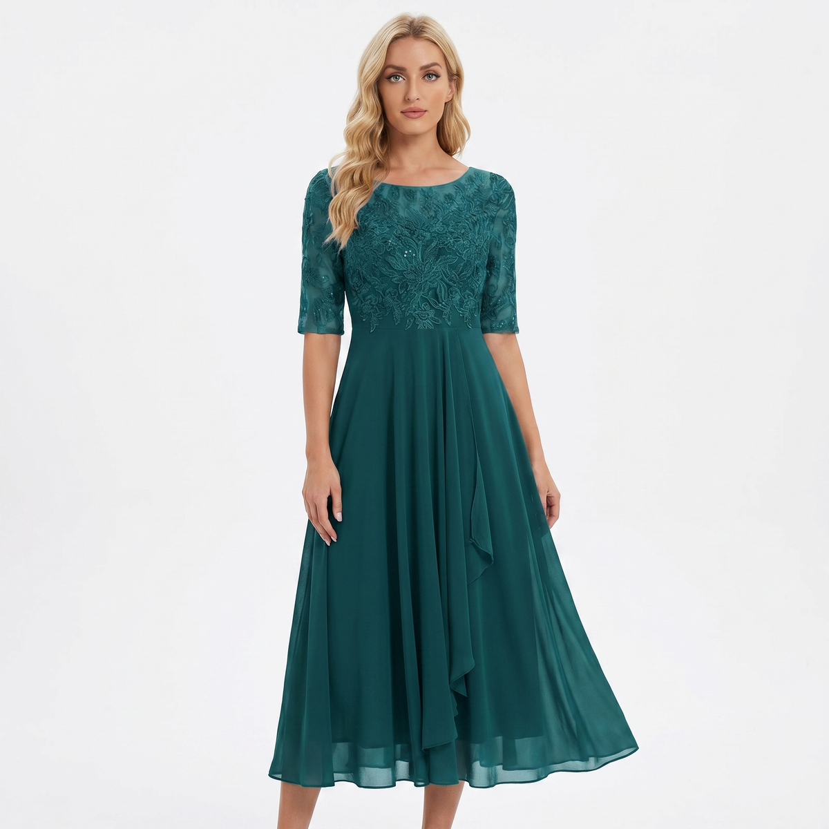 Women's Lace Bodice Midi Dress Half Sleeve Chiffon A Line Wedding