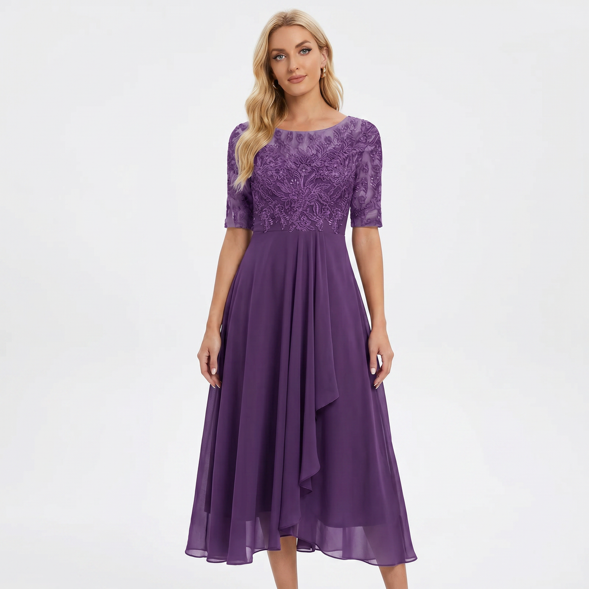 Women's Lace Bodice Midi Dress Half Sleeve Chiffon A Line Wedding