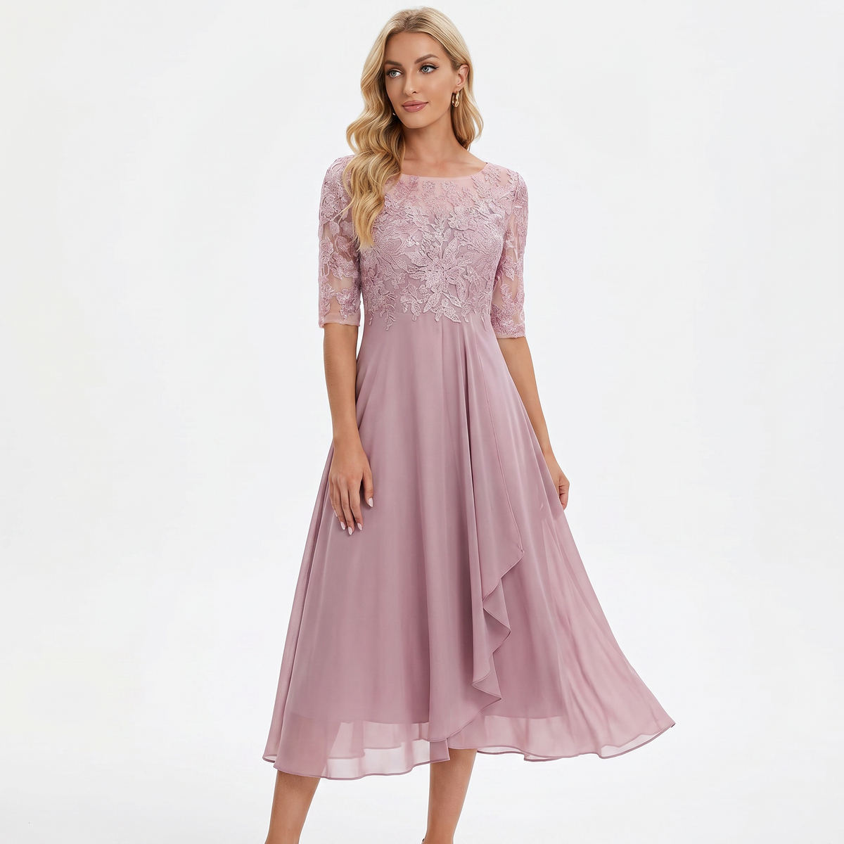 Women's Lace Bodice Midi Dress Half Sleeve Chiffon A Line Wedding