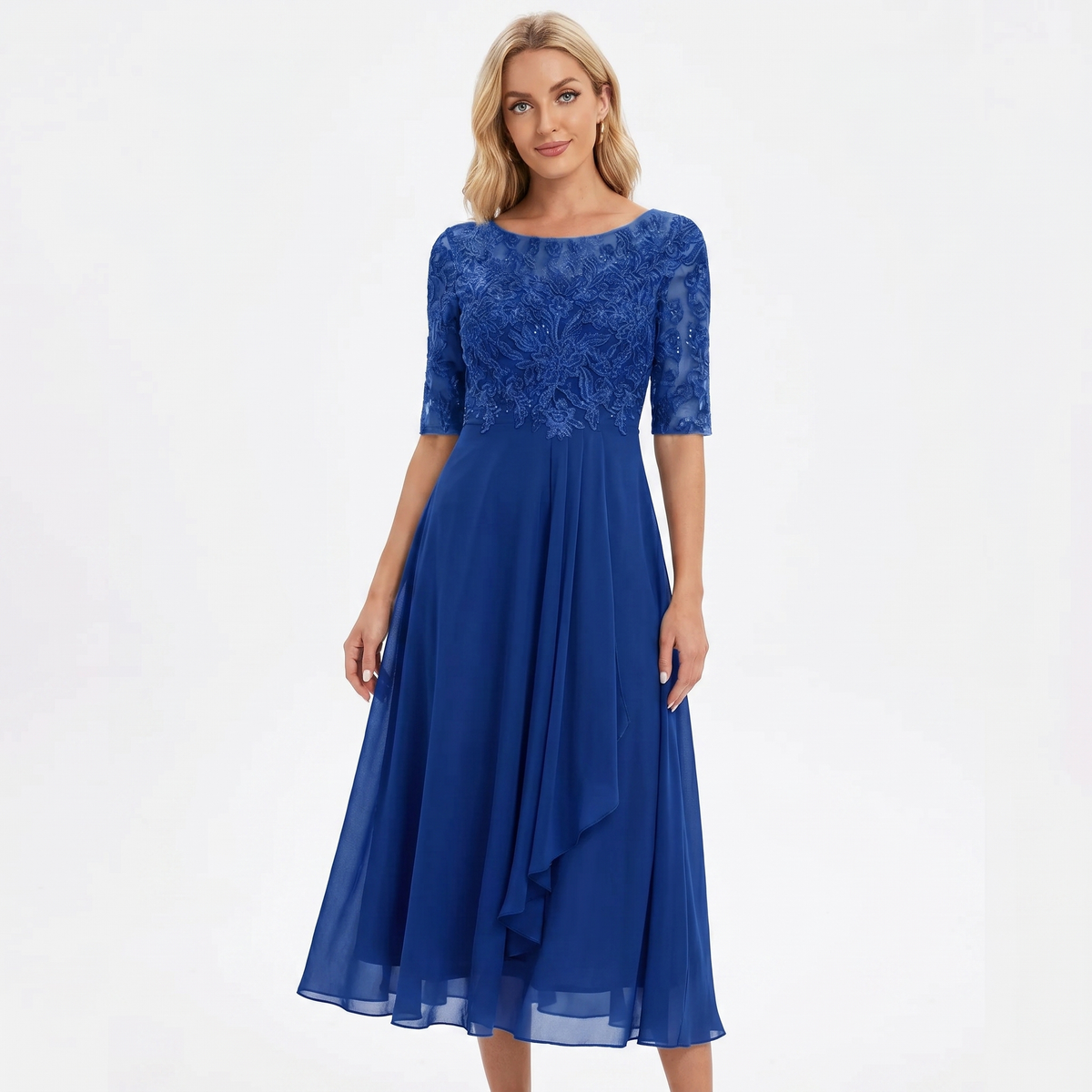 Women's Lace Bodice Midi Dress Half Sleeve Chiffon A Line Wedding