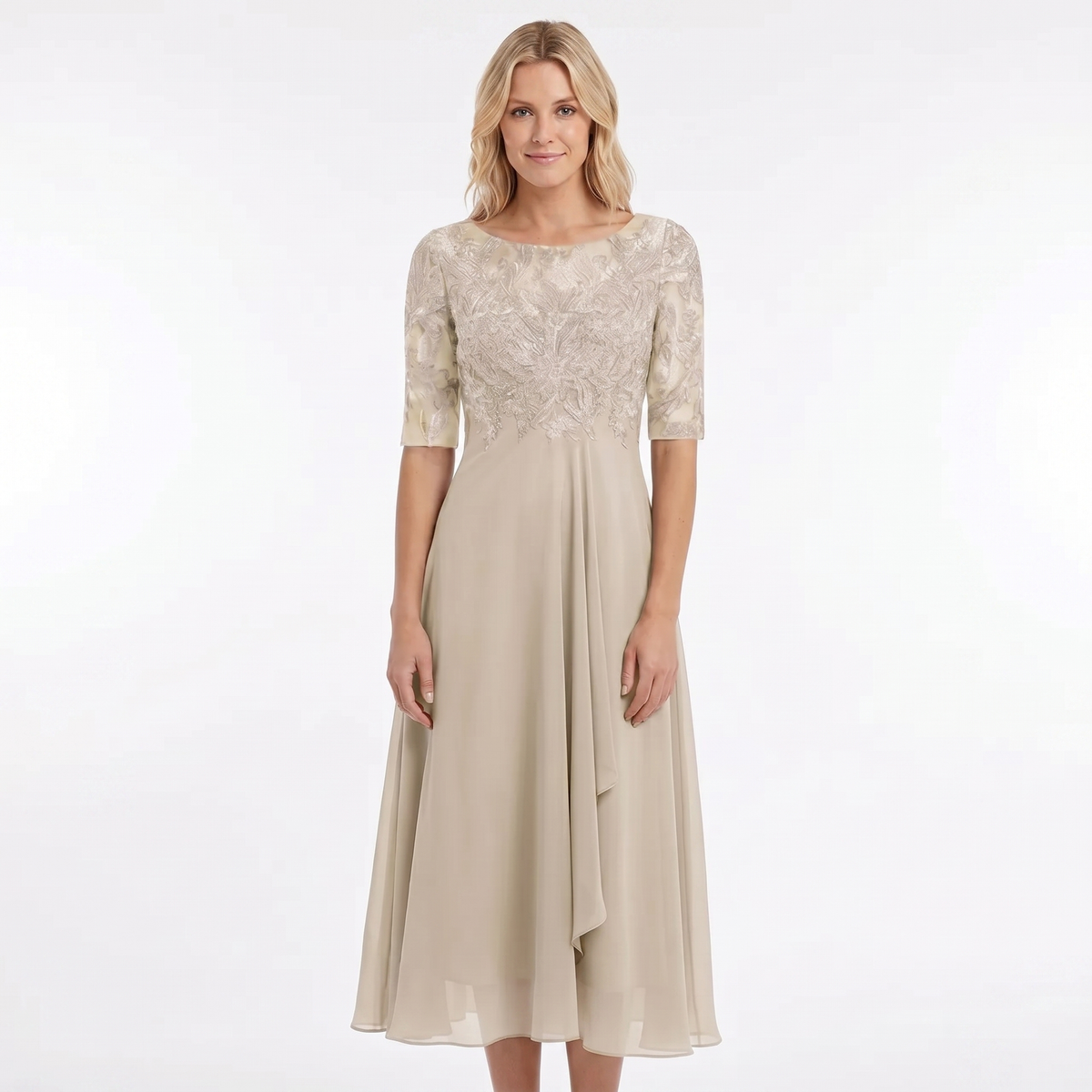 Women's Lace Bodice Midi Dress Half Sleeve Chiffon A Line Wedding