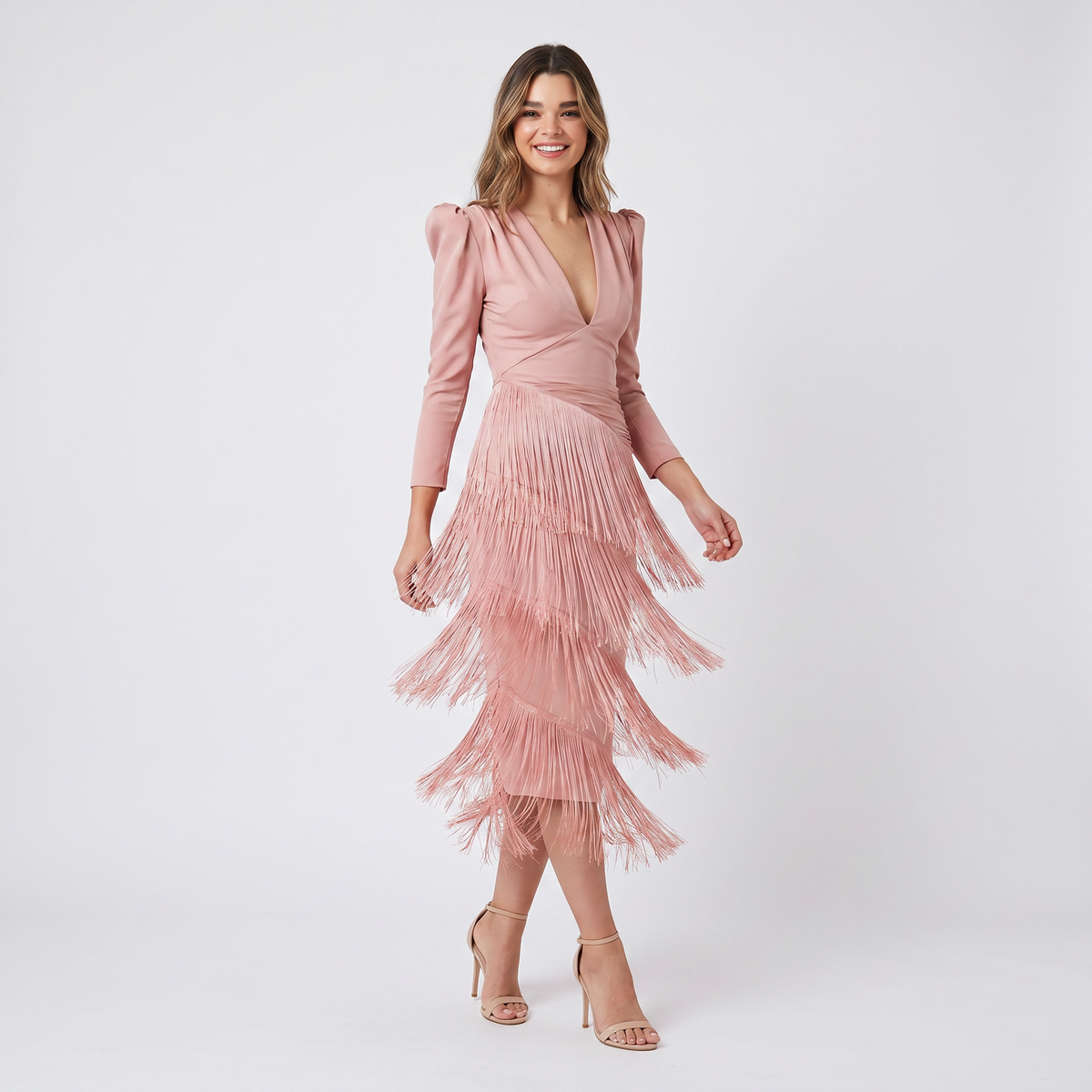 Women's Tiered Fringe Midi Dress Deep V Neck Puff Sleeve Cocktail