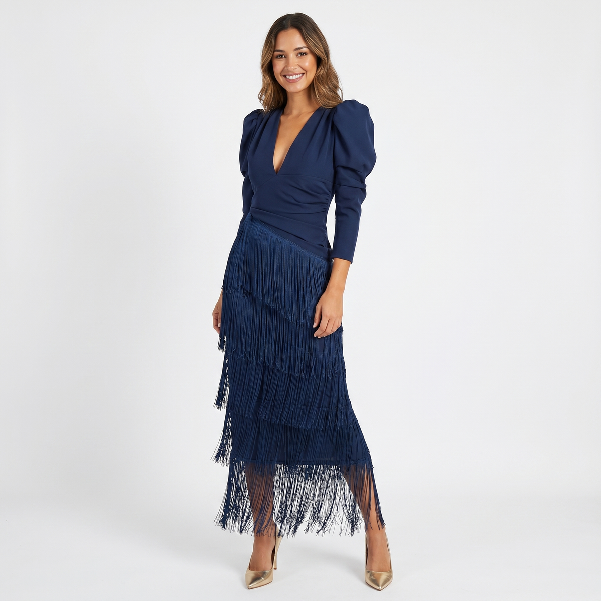 Women's Tiered Fringe Midi Dress Deep V Neck Puff Sleeve Cocktail