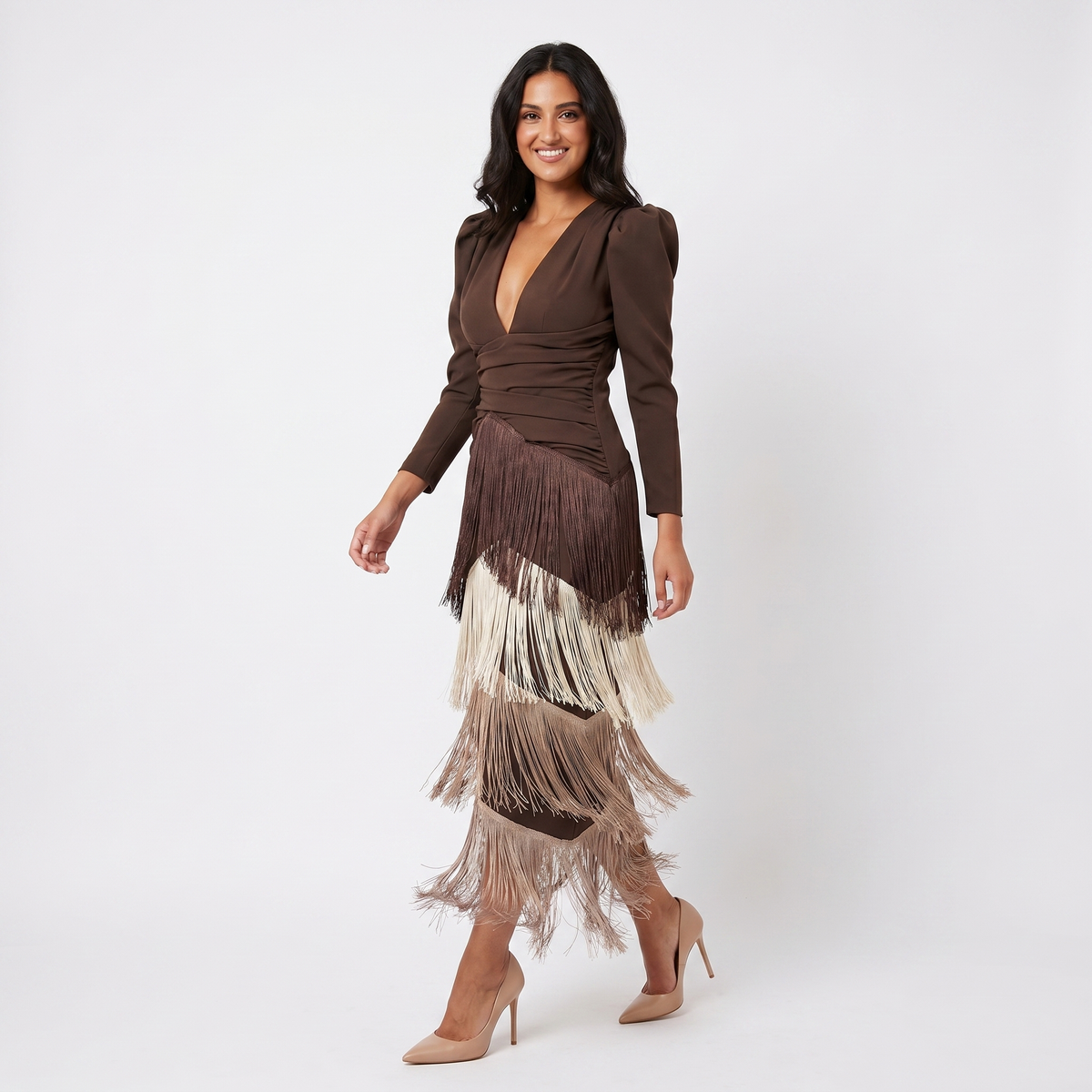 Women's Tiered Fringe Midi Dress Deep V Neck Puff Sleeve Cocktail