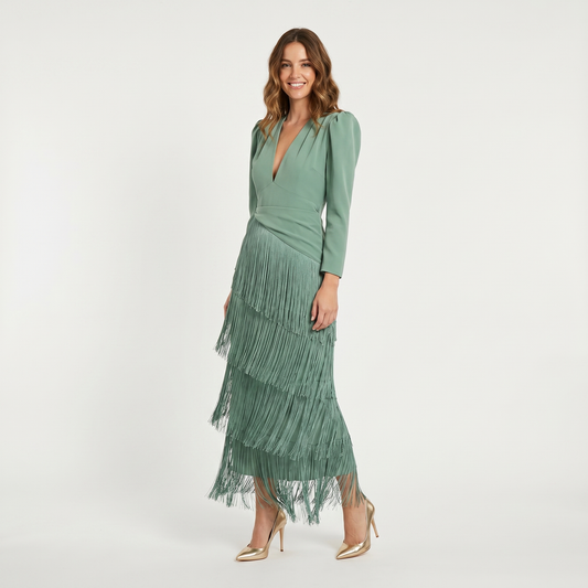 Women's Tiered Fringe Midi Dress Deep V Neck Puff Sleeve Cocktail