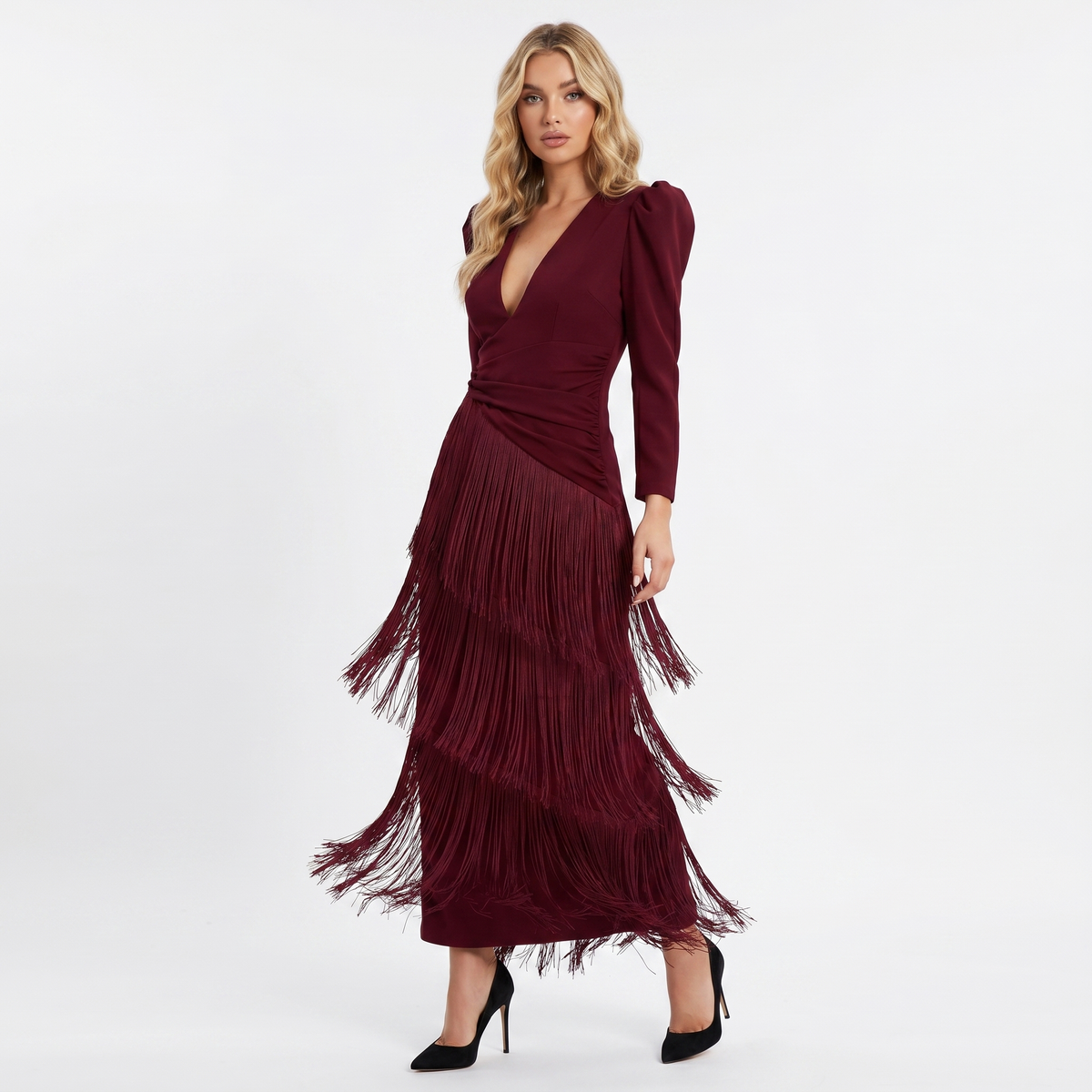 Women's Tiered Fringe Midi Dress Deep V Neck Puff Sleeve Cocktail