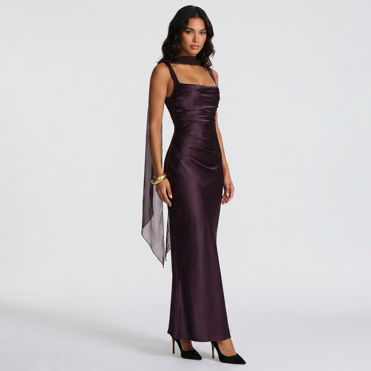 Women's Satin Ruched Maxi Dress Square Neck Scarf Tie Bodycon Formal