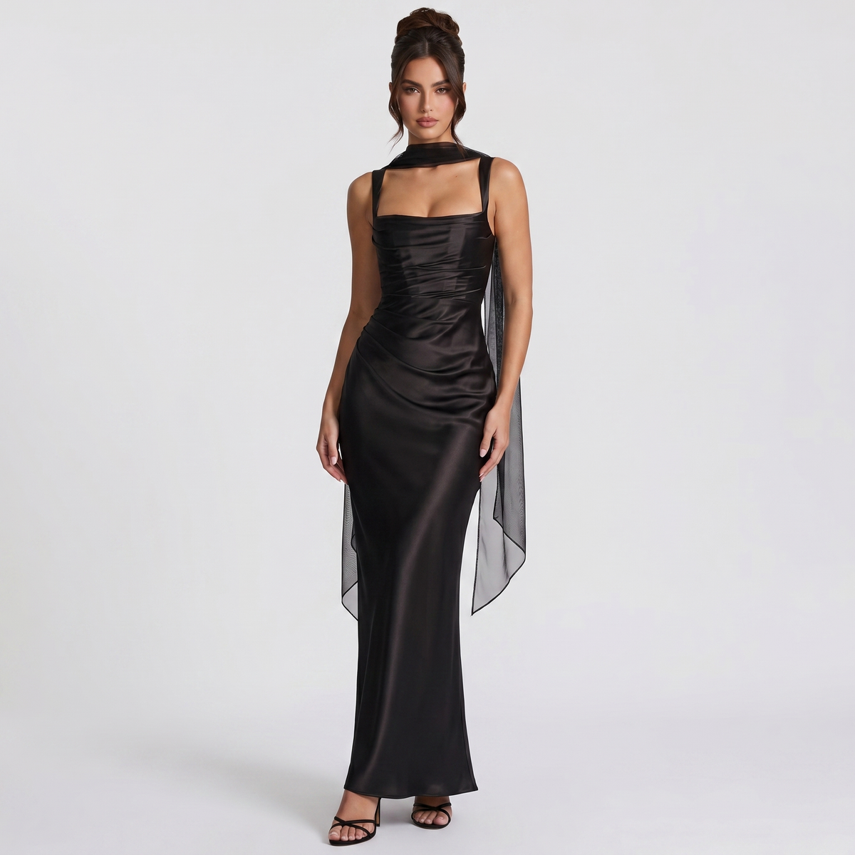Women's Satin Ruched Maxi Dress Square Neck Scarf Tie Bodycon Formal