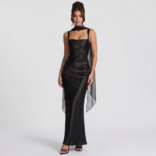 Women's Satin Ruched Maxi Dress Square Neck Scarf Tie Bodycon Formal