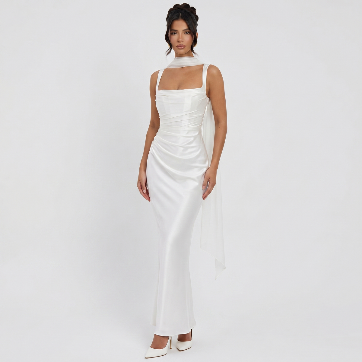 Women's Satin Ruched Maxi Dress Square Neck Scarf Tie Bodycon Formal