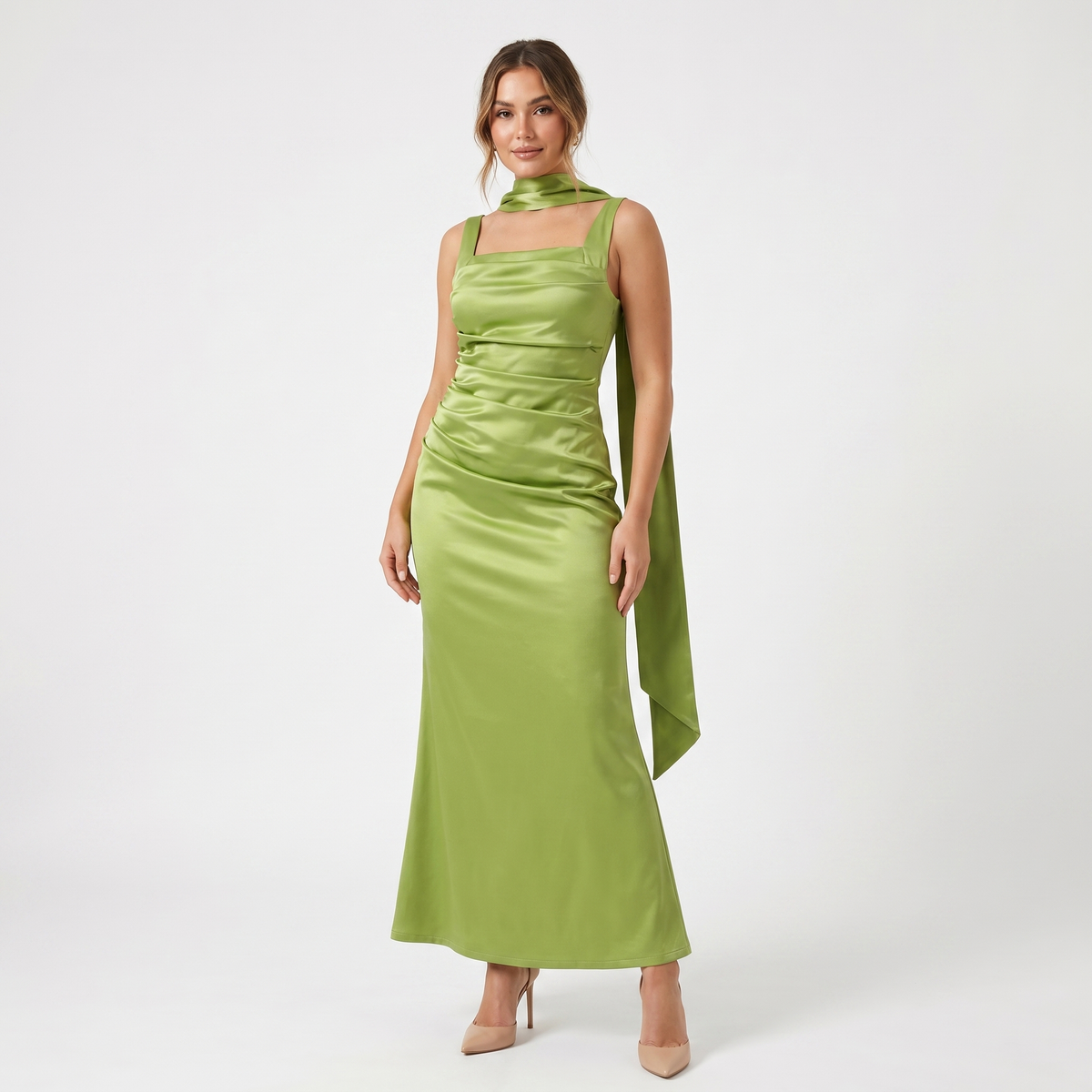 Women's Satin Ruched Maxi Dress Square Neck Scarf Tie Bodycon Formal