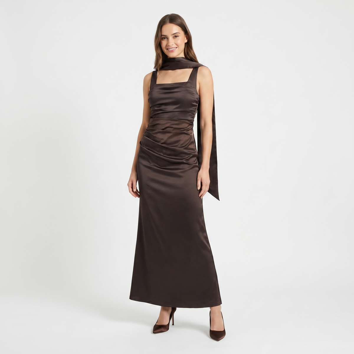 Women's Satin Ruched Maxi Dress Square Neck Scarf Tie Bodycon Formal