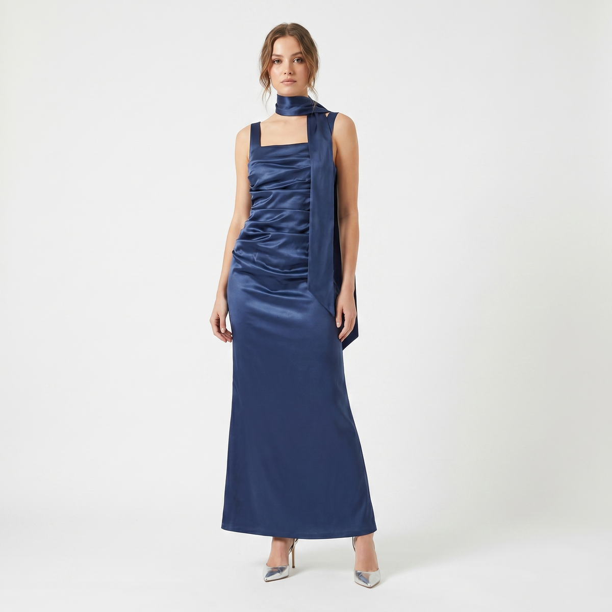 Women's Satin Ruched Maxi Dress Square Neck Scarf Tie Bodycon Formal
