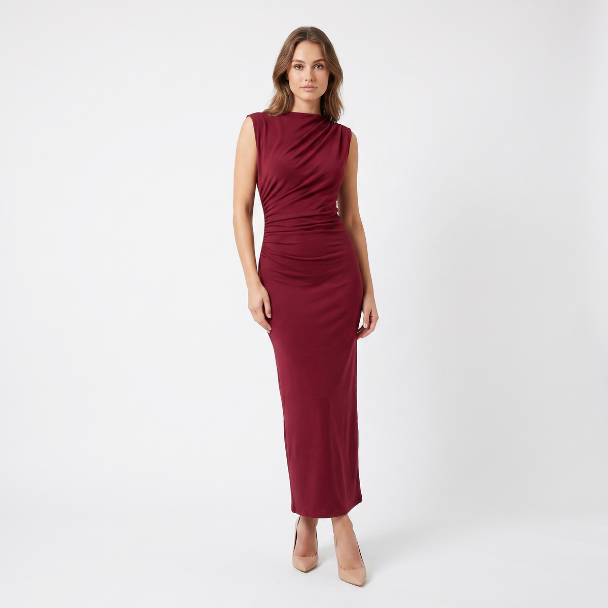 Women's Ruched Side Bodycon Maxi Dress Sleeveless High Neck Formal
