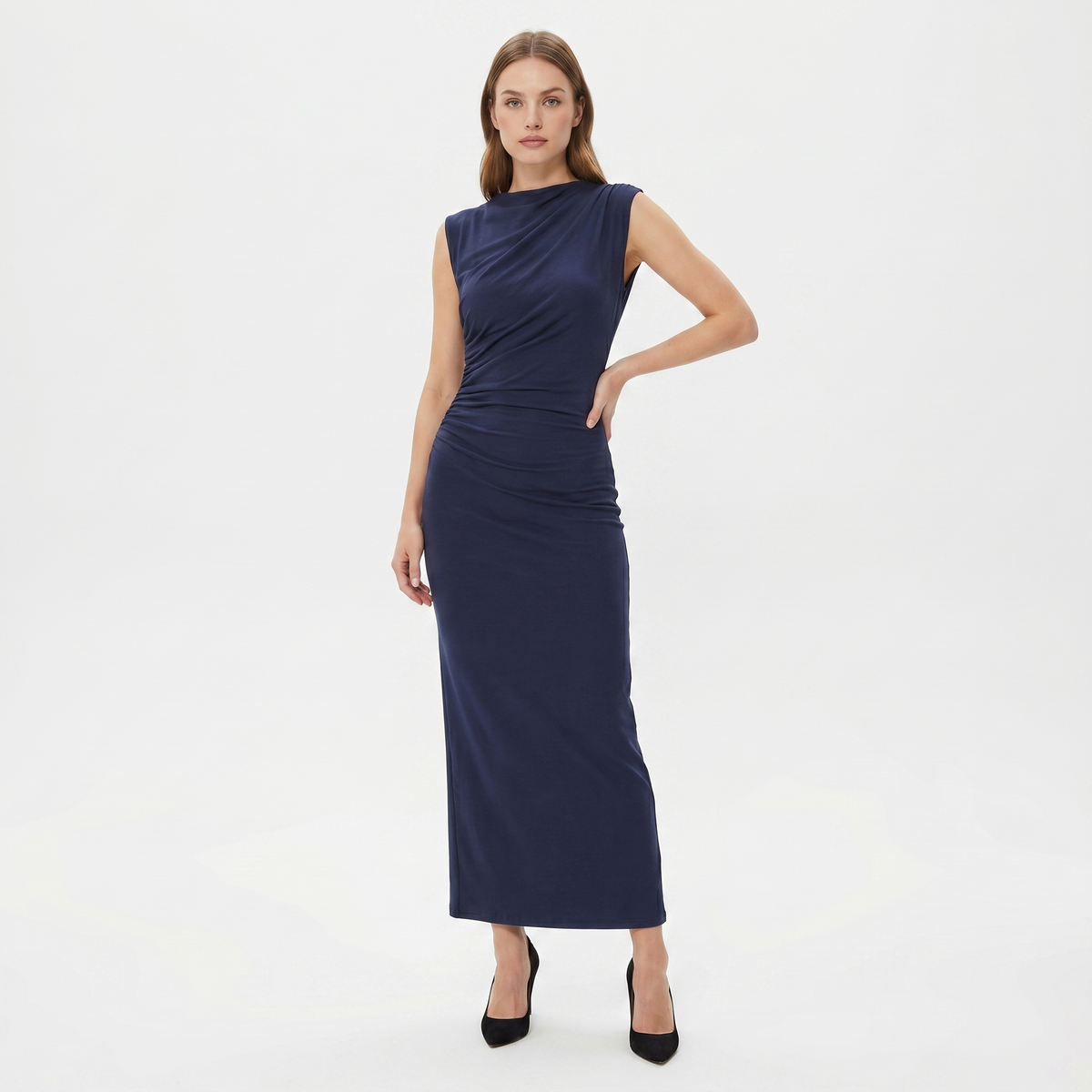 Women's Ruched Side Bodycon Maxi Dress Sleeveless High Neck Formal