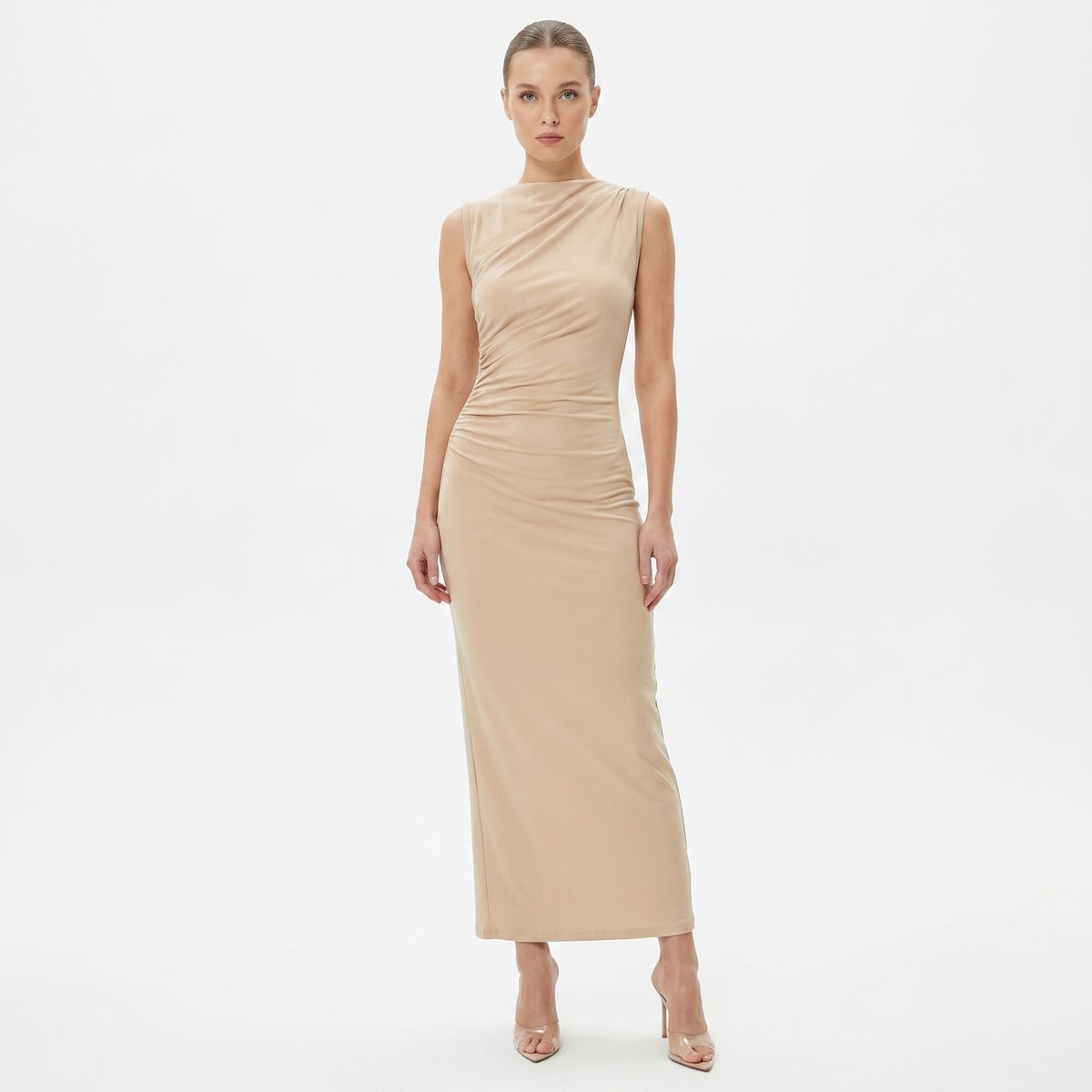 Women's Ruched Side Bodycon Maxi Dress Sleeveless High Neck Formal